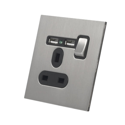 Single UK Socket 13A – On/Off + 2USB – Stainless Steel