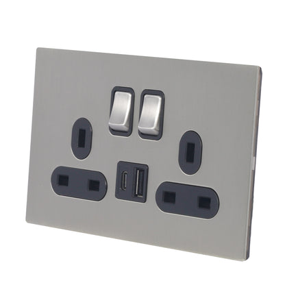 Double MF Socket 13A – On/Off + USB + Type-C – Stainless Steel