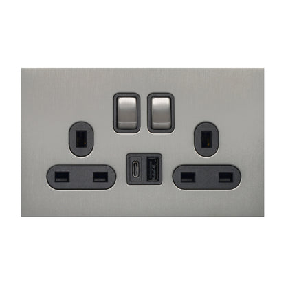 Double UK Socket 13A – On/Off + USB + Type-C – Stainless Steel