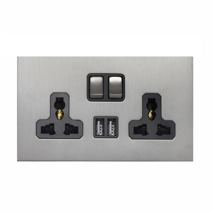 Double MF Socket 13A – On/Off + 2 USB – Stainless Steel