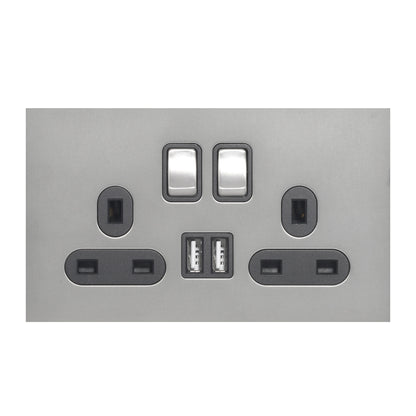 Double UK Socket 13A – On/Off + 2USB – Stainless Steel