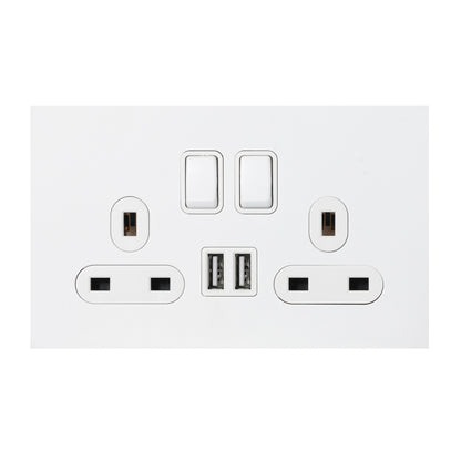 Double UK Socket 13A – On/Off + 2USB – Stainless Steel