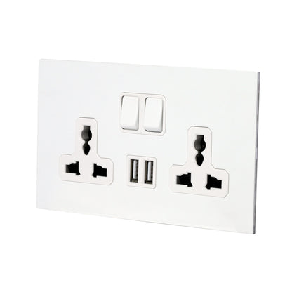 Double MF Socket 13A – On/Off + 2 USB – Stainless Steel