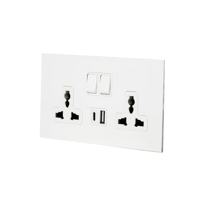 Double MF Socket 13A – On/Off + USB + Type-C – Stainless Steel