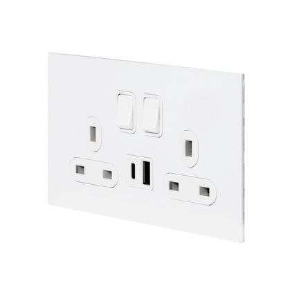Double UK Socket 13A – On/Off + USB + Type-C – Stainless Steel