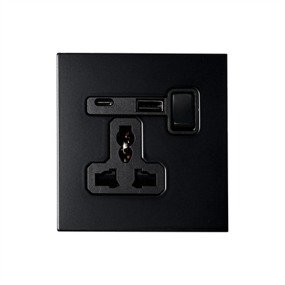 Single MF Socket 13A – On/Off + USB + Type-C – Stainless Steel