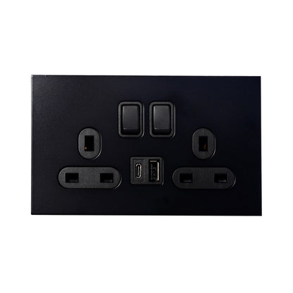 Double UK Socket 13A – On/Off + USB + Type-C – Stainless Steel