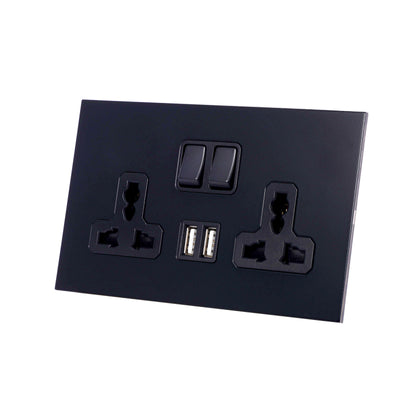 Double MF Socket 13A – On/Off + 2 USB – Stainless Steel