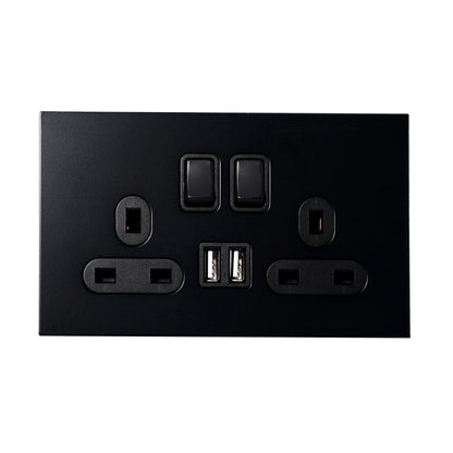 Double UK Socket 13A – On/Off + 2USB – Stainless Steel