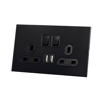 Double UK Socket 13A – On/Off + 2USB – Stainless Steel