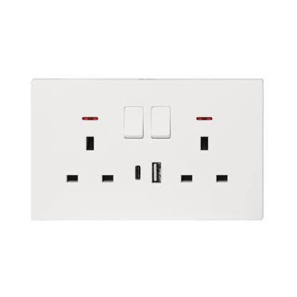 Double UK Socket 13A – USB + Type-C (5V 2.1A) – Ultra Thin Plastic