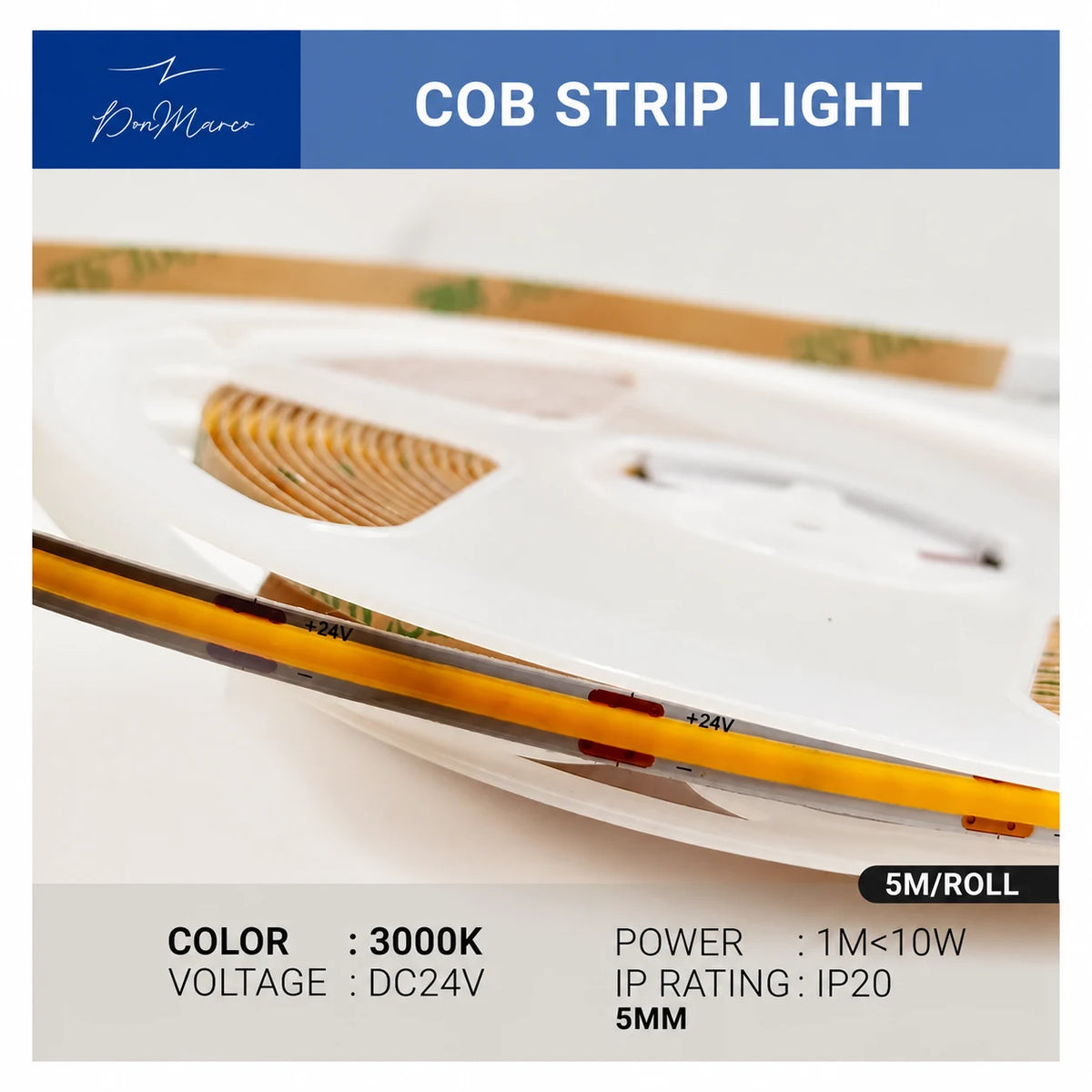 COB LED Strip Light – 10W/m – 5M Roll – 5mm Width – IP20
